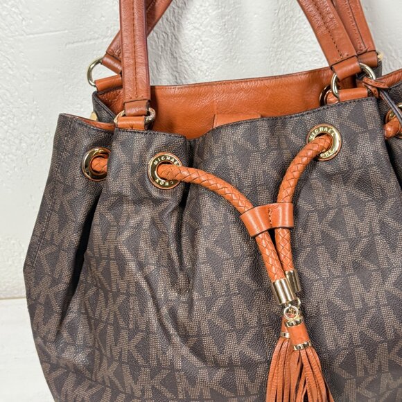 Michael Kors Jet Set Signature Drawstring Tote Brown MK Monogram Leather Trim - Picture 5 of 15